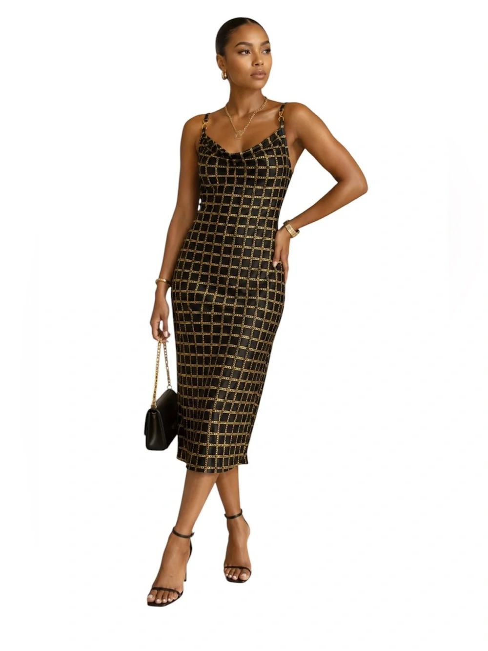 Michael Kors Sleek & Simple Midi Chainlink Gold Black Slip Dress Size: Medium